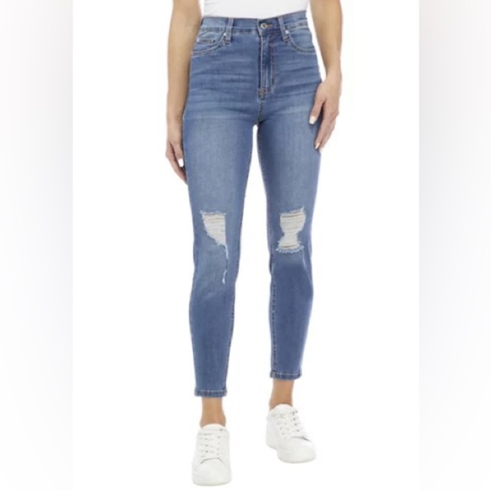 Dark washed distressed jeans